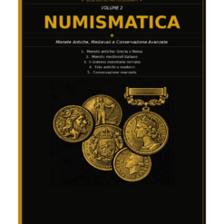 Illustrazione di monete antiche e medievali su espositore in legno con strumenti per conservazione avanzata